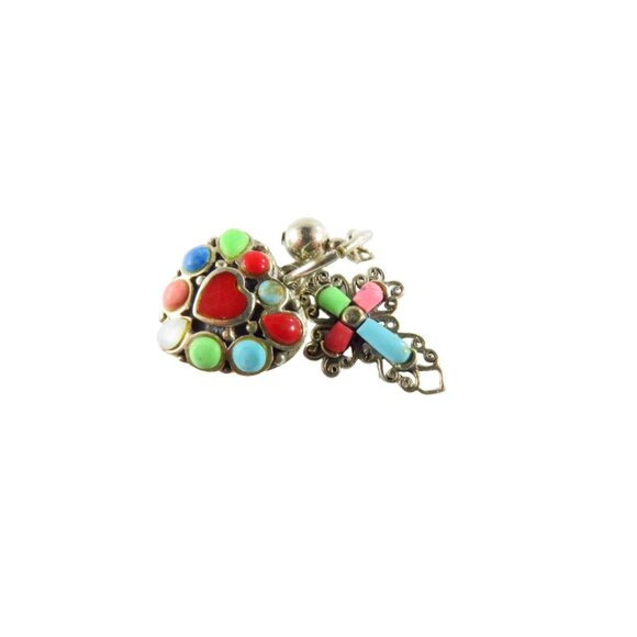 Sterling Cross Heart & Ball Colored Stone Pendant Charm SX 925 - Picture 1 of 7